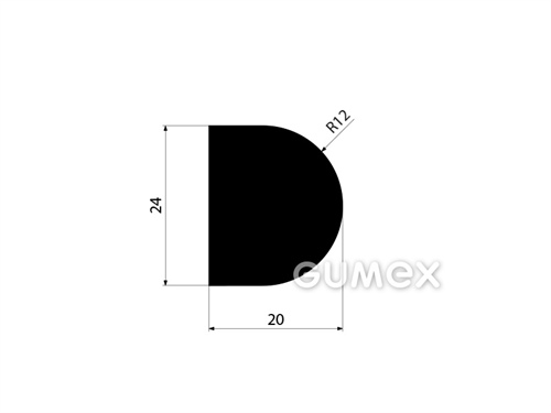 "D" Gummiprofil, 24x20/R12mm, 60°ShA, NBR, ISO 3302-1 E2, -40°C/+70°C, schwarz, 